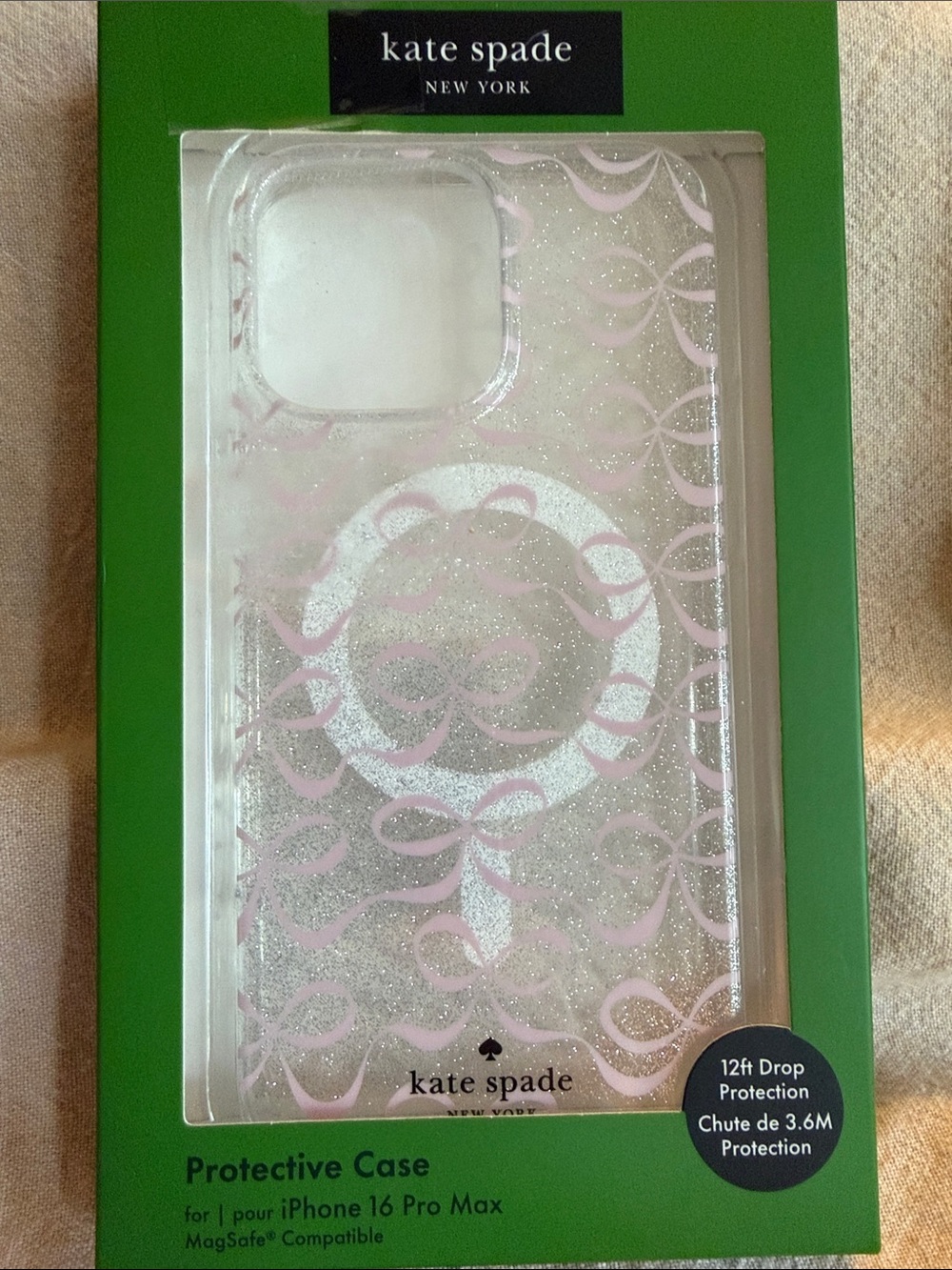 NIB ~ Kate Spade Glitter Pink Bow Pattern iPhone 16 Pro Max Case Magsafe Compat